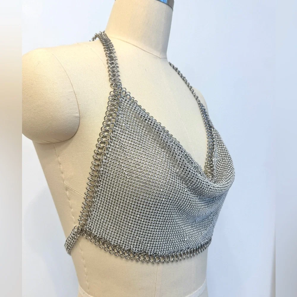 ALTEREDREAMS Silver Rhinestone Chainmail Top | Metallic Drape Crop Festival - Picture 5 of 6